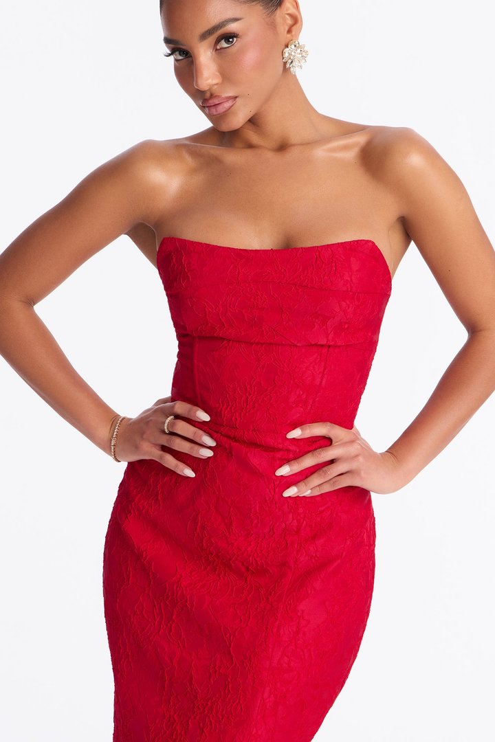 Scarlett Strapless Floral Jacquard Midi Dress - Red