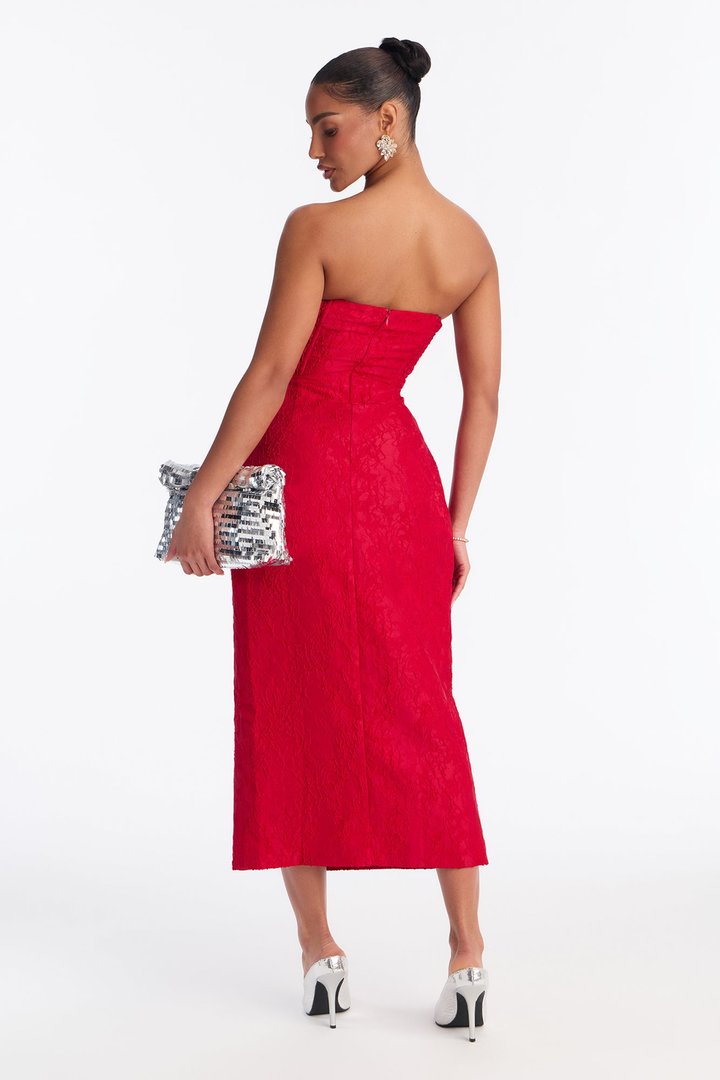 Scarlett Strapless Floral Jacquard Midi Dress - Red