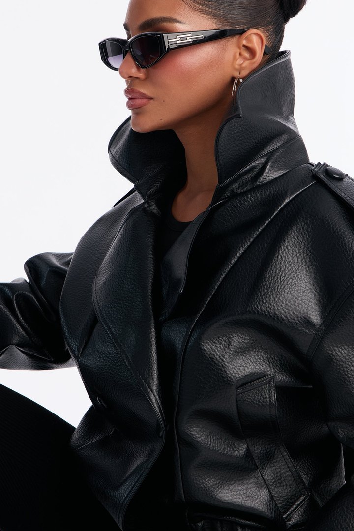 Adrienne Double Breasted Faux Leather Jacket - Black