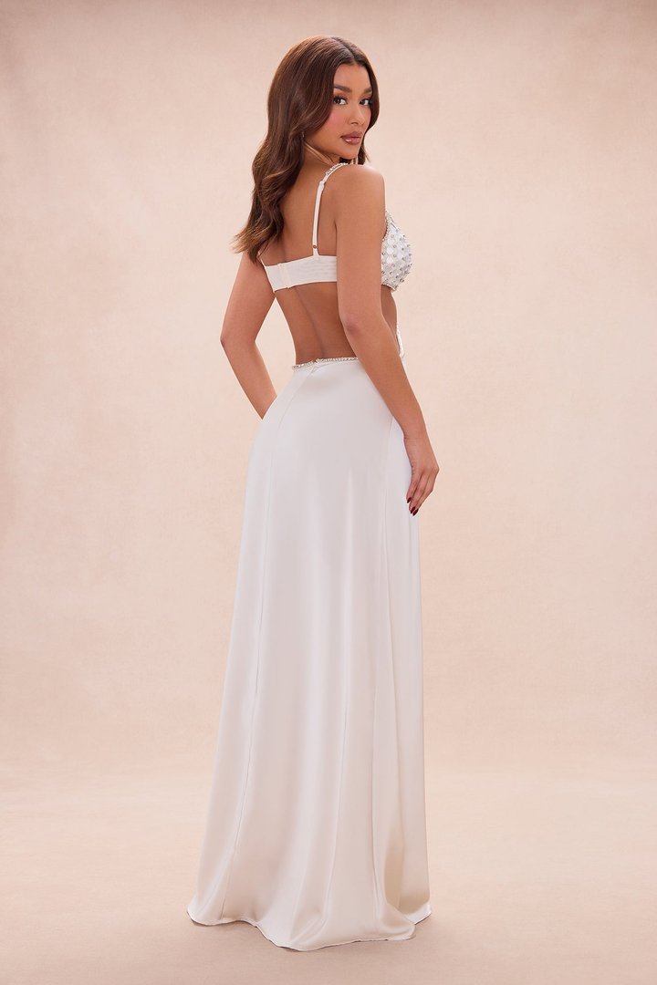 Kassie Satin Embellished Cut Out Maxi Dress - Cream