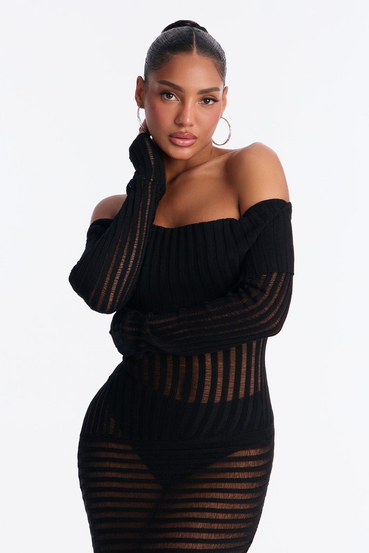 Sheer Instinct Sweater Maxi Dress - Black