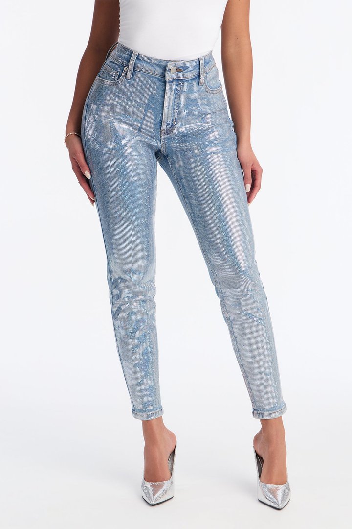 Elegante Foil Print Skinny Jeans - Light Wash