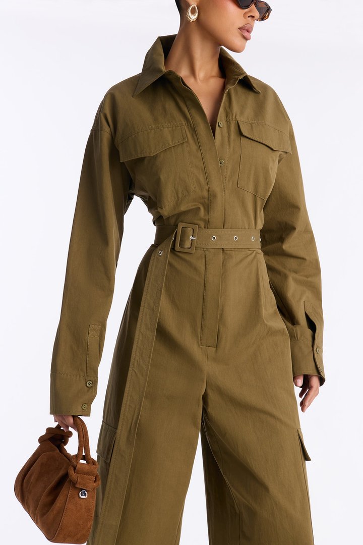 Streetwear Muse Utility Wide Leg Jumpsuit - Olive