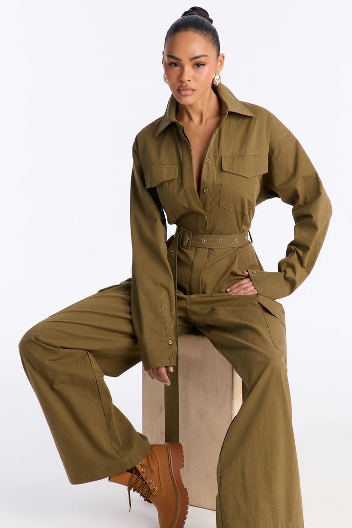 Streetwear Muse Utility Wide Leg Jumpsuit - Olive