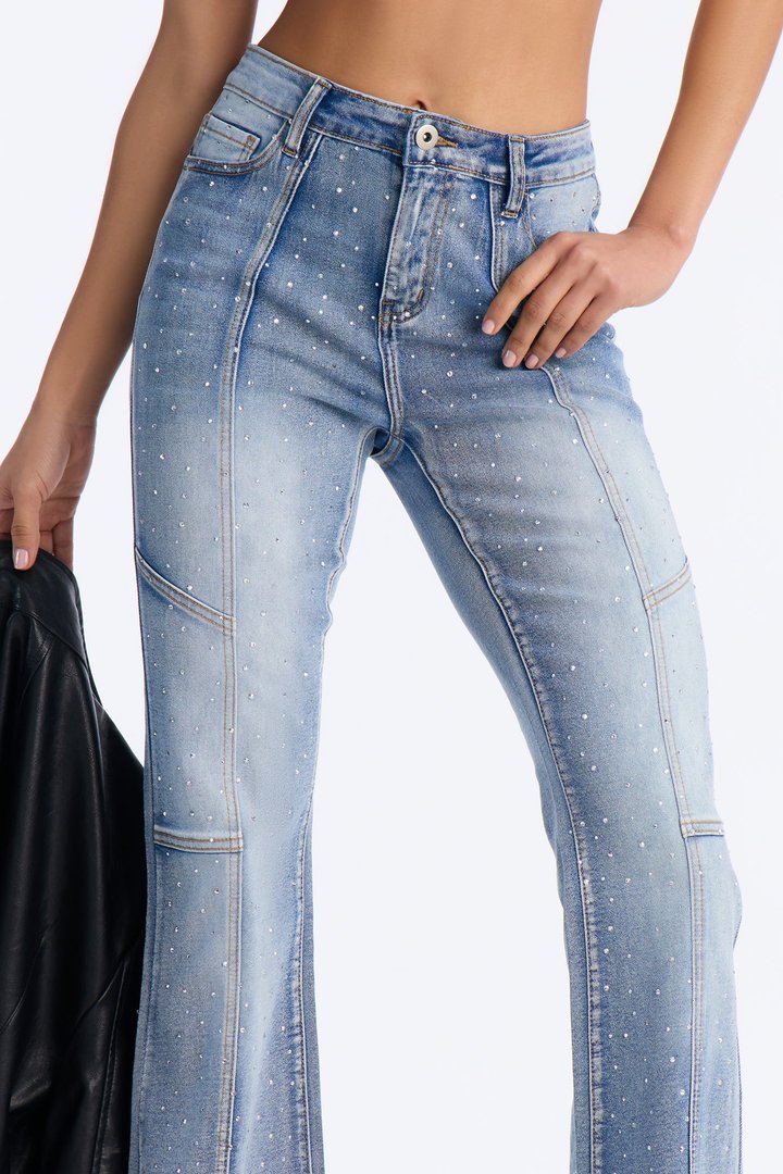 Starline Embellished Rhinestones Flare Leg Jeans - Medium Wash
