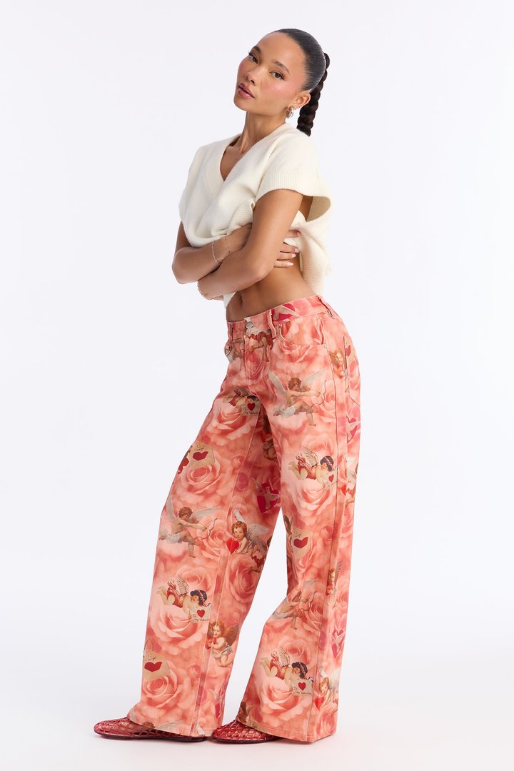 Mi Amor Cherub Printed Wide Leg Jeans - Rose/Combo