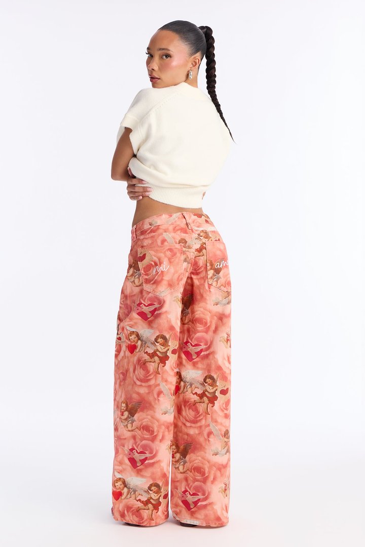 Mi Amor Cherub Printed Wide Leg Jeans - Rose/Combo