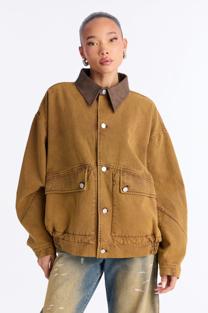 Day Trip Oversized Washed Barn Trucker Jacket - Khaki