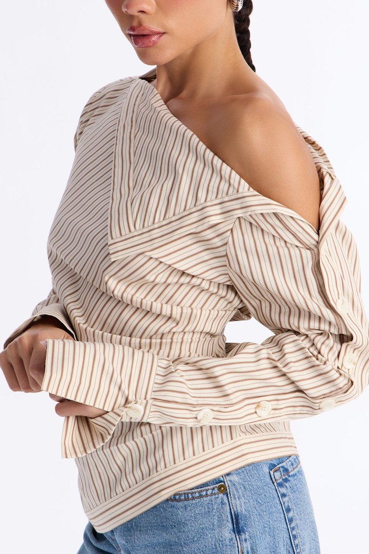 Ella One Shoulder Striped Poplin Top - Cream/combo