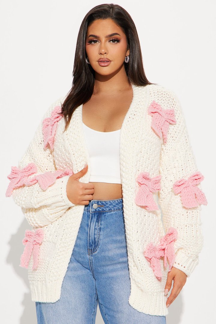In My Bow Era Chunky Knit Cardigan - Pink/combo