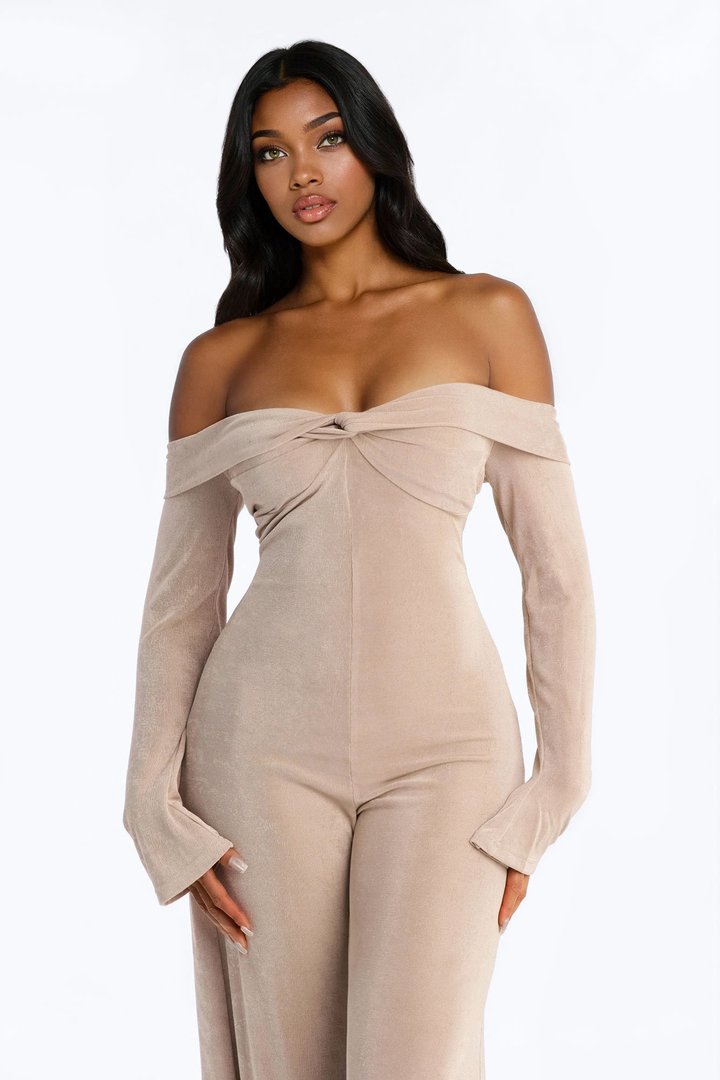 Kerisa Off Shoulder Wide Leg Jumpsuit - Taupe