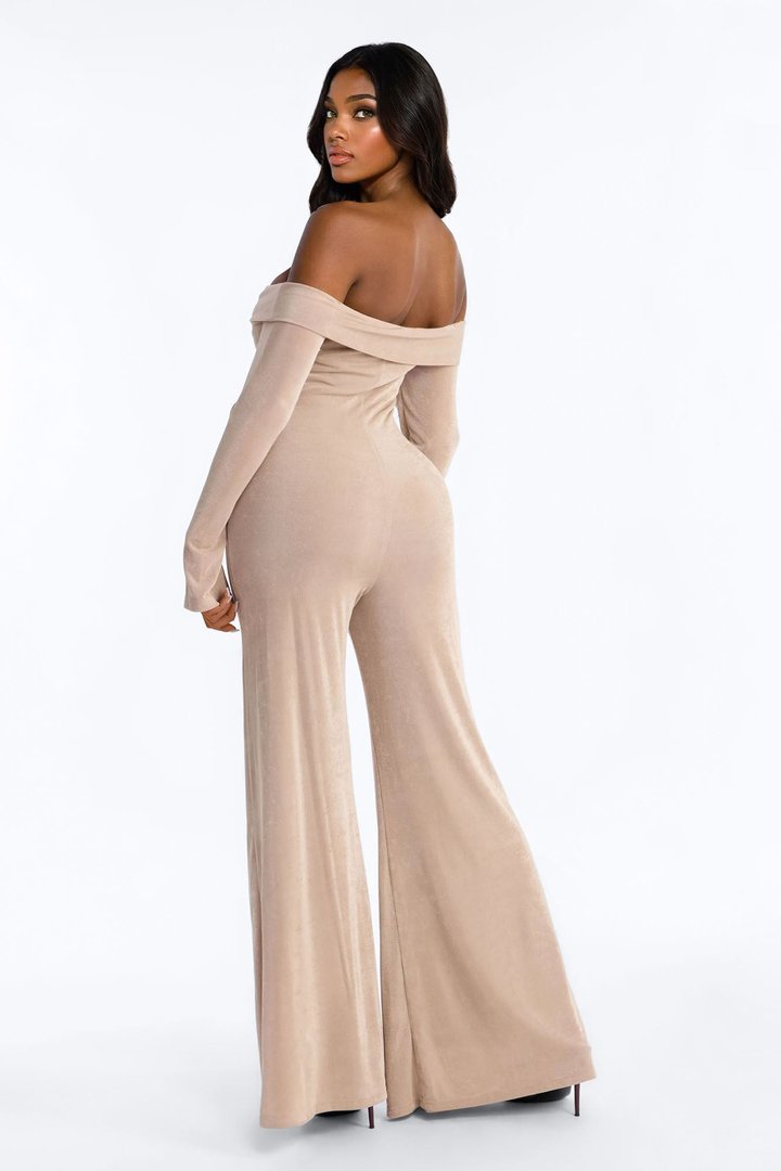 Kerisa Off Shoulder Wide Leg Jumpsuit - Taupe