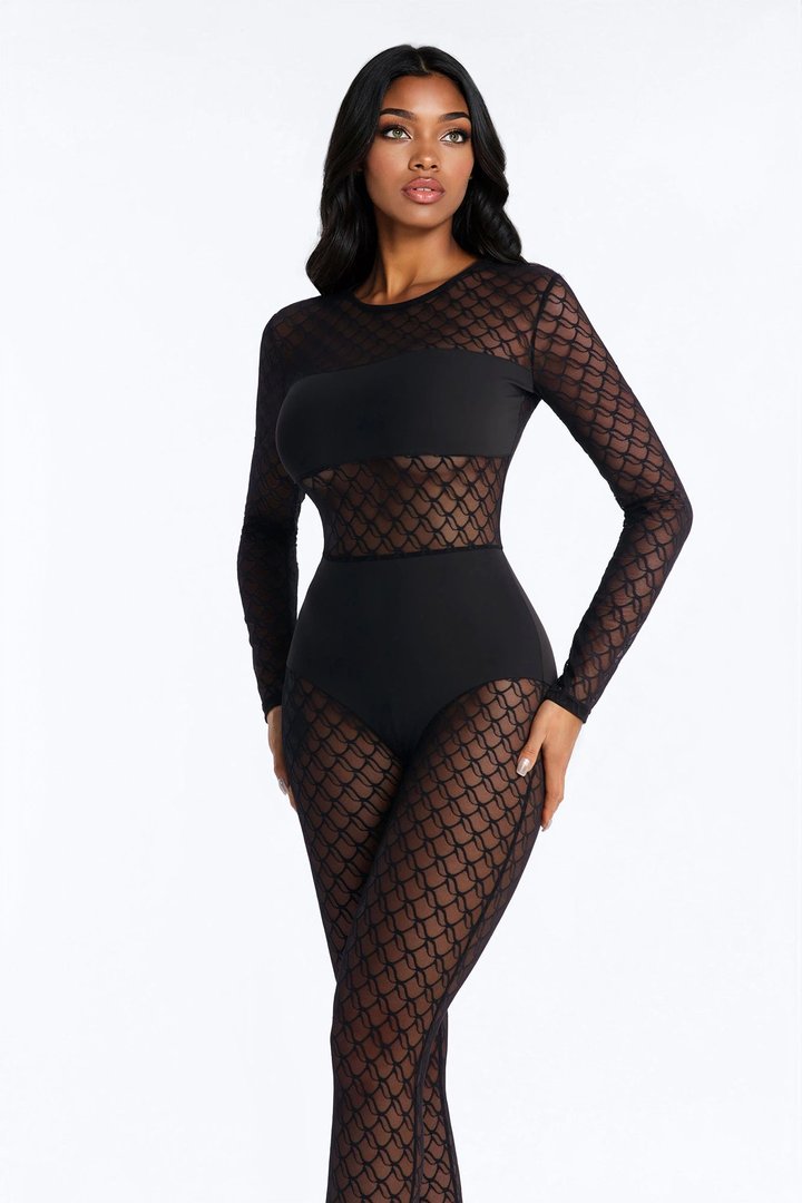 Kate Lace Stirrup Catsuit - Black