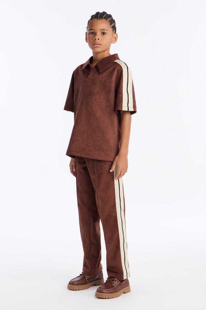 Mini Faux Suede Short Sleeve Johnny Collar Polo - Brown