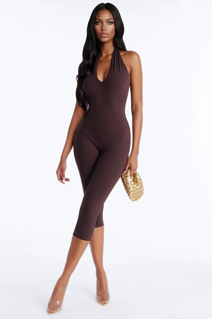 Rayna Halter Neck Capri Jumpsuit - Chocolate