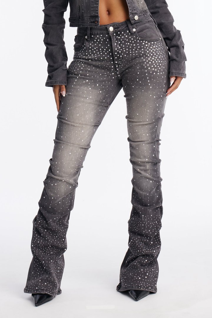 That Girl Embellished Stacked Flare Jeans - Grey