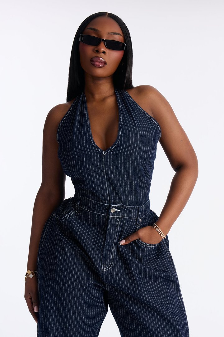 Fine Lines Pinstripe Pant Set - Dark Wash