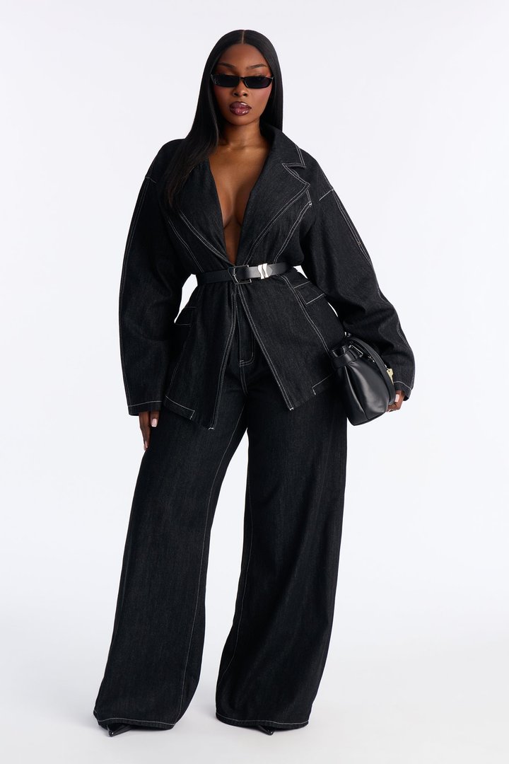 Power Stitched Belted Denim Pant Set - Dark Denim