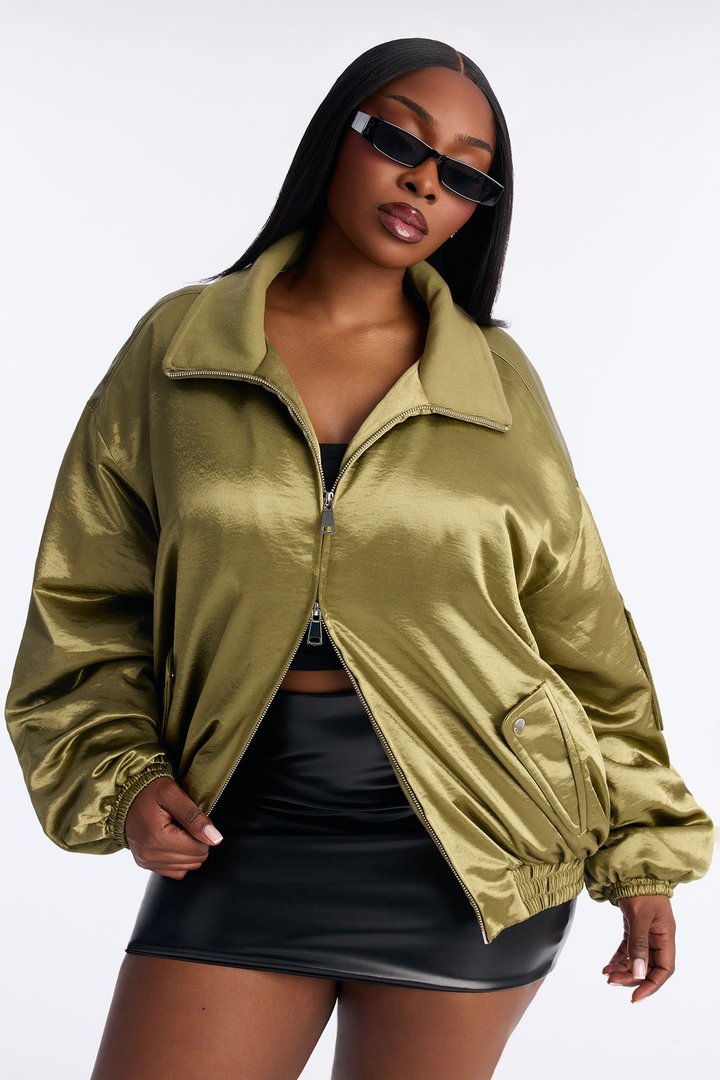 Remy Cargo Satin Bomber Jacket - Olive