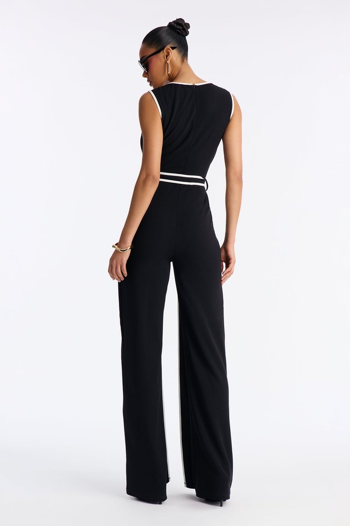 Amalie Tie Belt Wide Leg Jumpsuit - Black/White