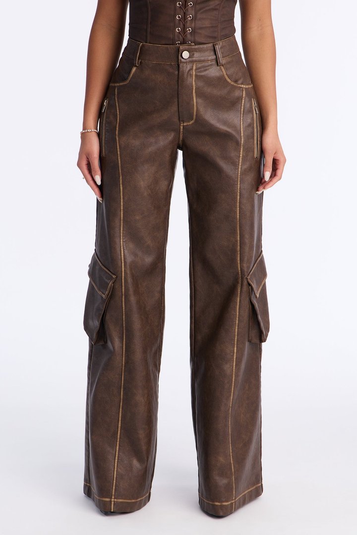 Gaia Faux Leather Cargo Pants 33 - Brown