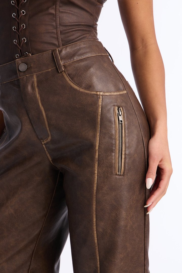 Gaia Faux Leather Cargo Pants 33 - Brown