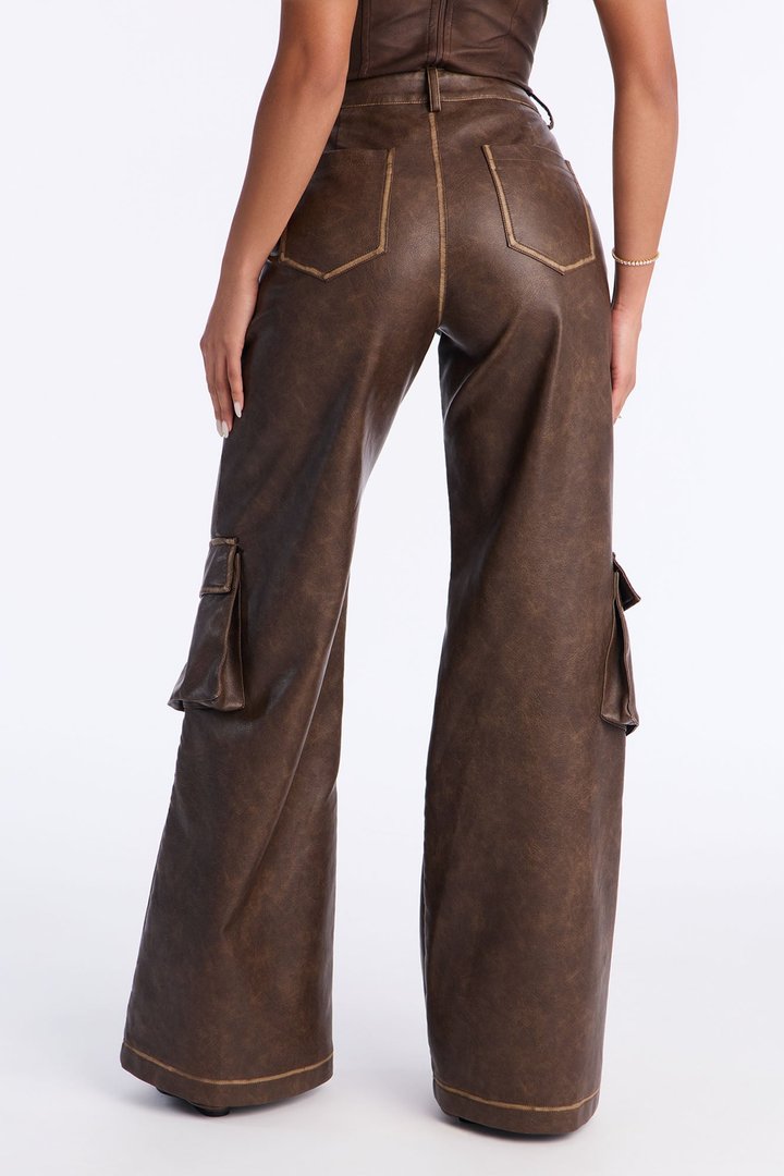 Gaia Faux Leather Cargo Pants 33 - Brown