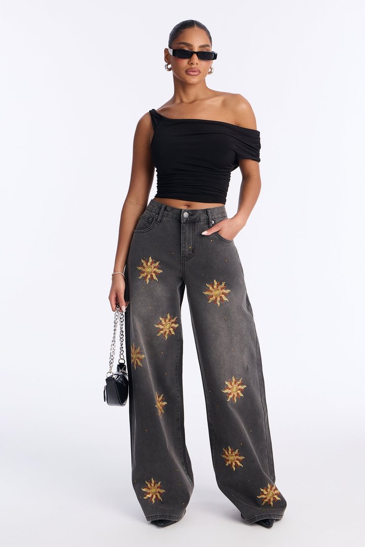 Le Soleil Embroidered Wide Leg Jeans - Grey