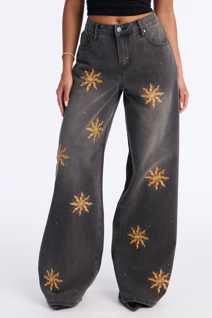 Le Soleil Embroidered Wide Leg Jeans - Grey