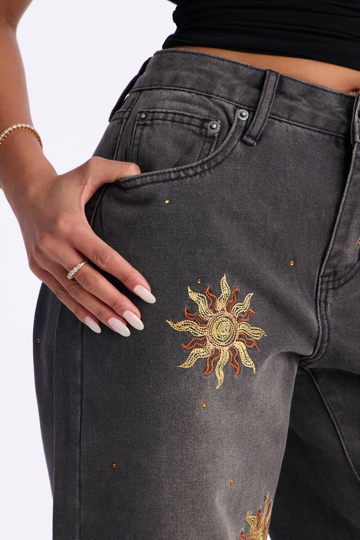 Le Soleil Embroidered Wide Leg Jeans - Grey
