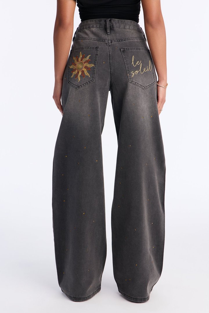 Le Soleil Embroidered Wide Leg Jeans - Grey
