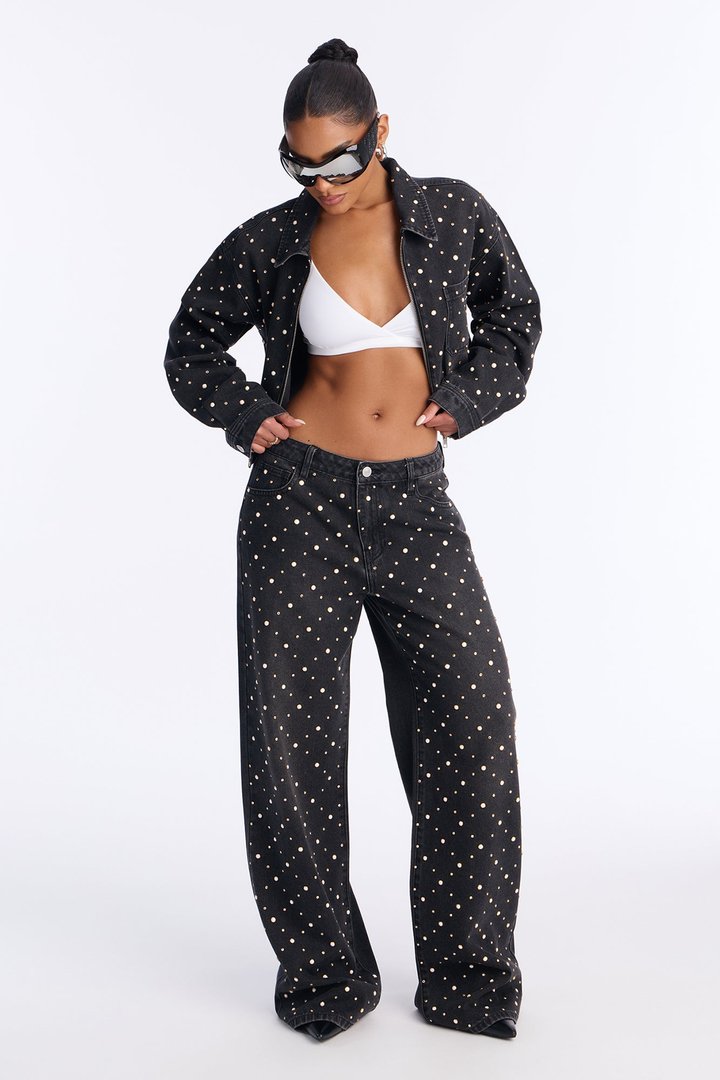 Full On Fabulous Embellished Wide Leg Jeans - Black Wash