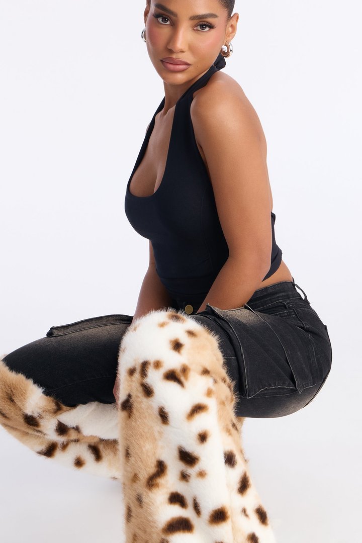 Let's Kick It Low Rise Faux Fur Trim Jeans - Vintage Wash