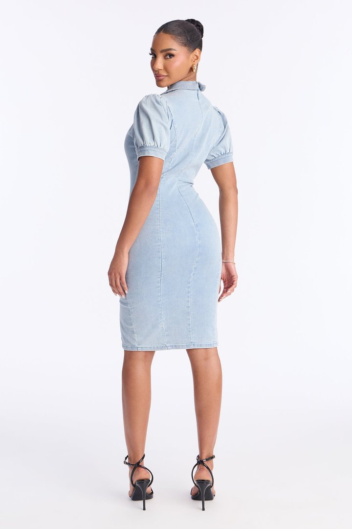 Mackenzie Collar Denim Midi Dress - Light Wash