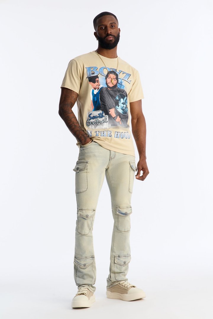 Stacked Skinny Flare Lockdown Button Cargo Jean - Light Wash