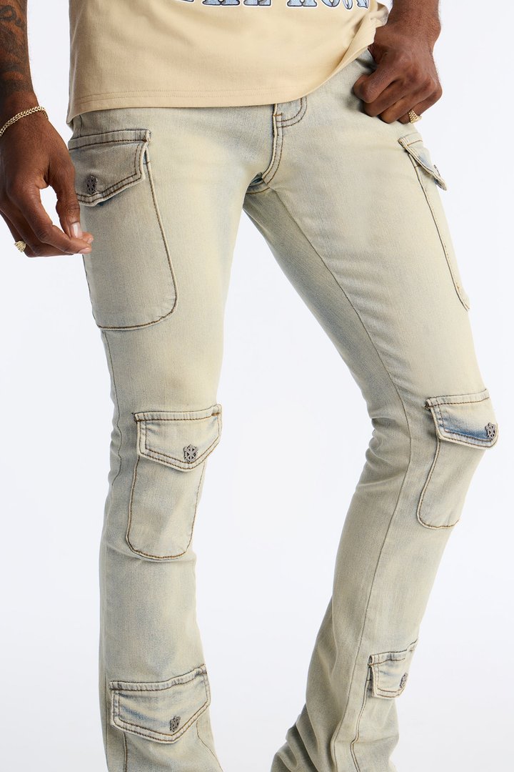 Stacked Skinny Flare Lockdown Button Cargo Jean - Light Wash