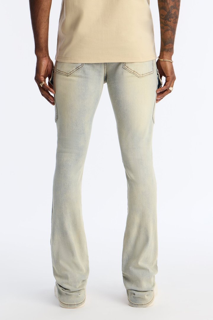 Stacked Skinny Flare Lockdown Button Cargo Jean - Light Wash