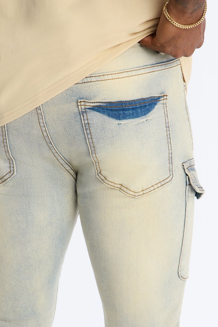Stacked Skinny Flare Lockdown Button Cargo Jean - Light Wash
