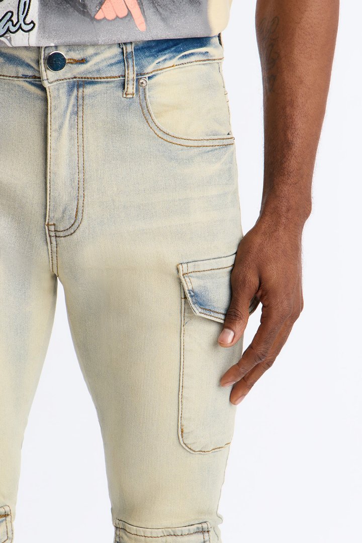 Stacked Skinny Flare Lockdown Button Cargo Jean - Light Wash