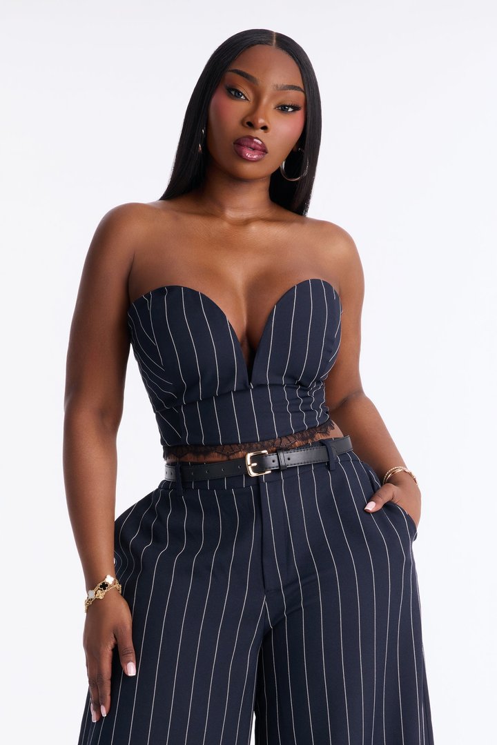 Personal Business Belted Pinstripe Pant Set - Navy
