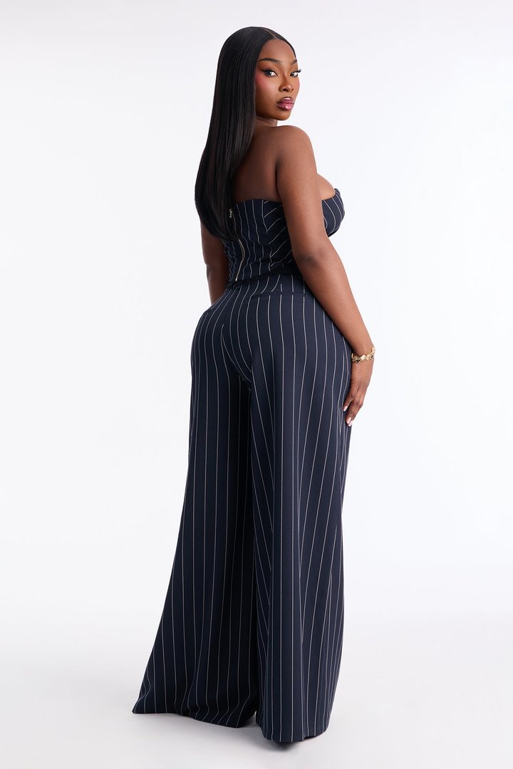 Personal Business Belted Pinstripe Pant Set - Navy