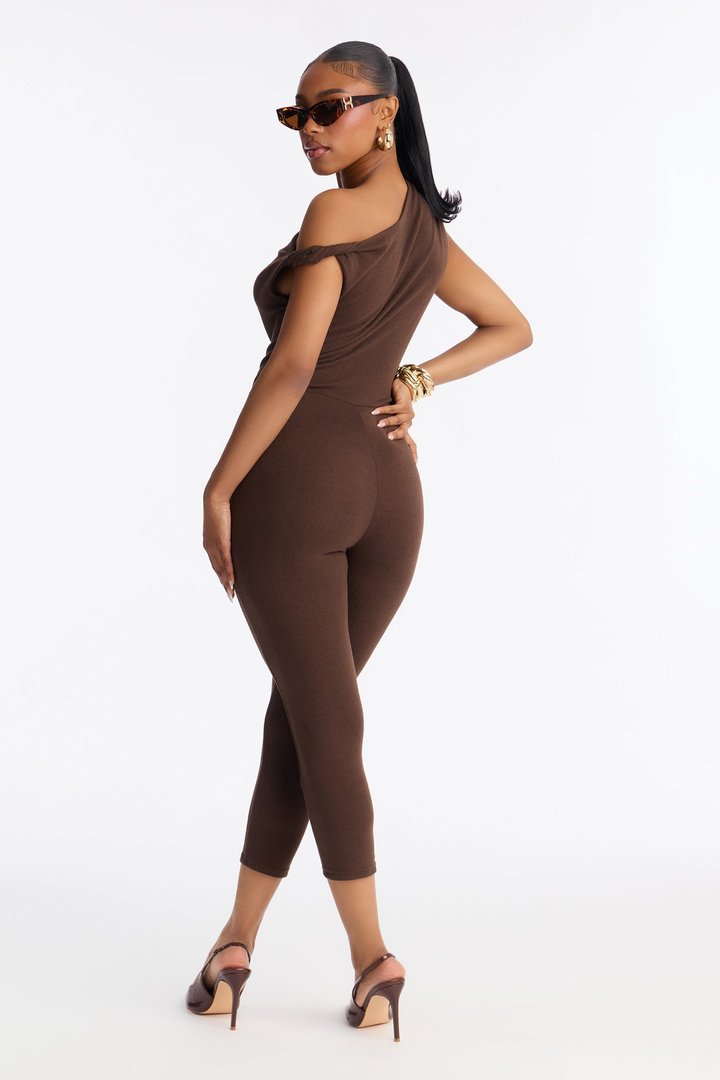 Gaia One Shoulder Capri Leg Jumpsuit - Chocolate