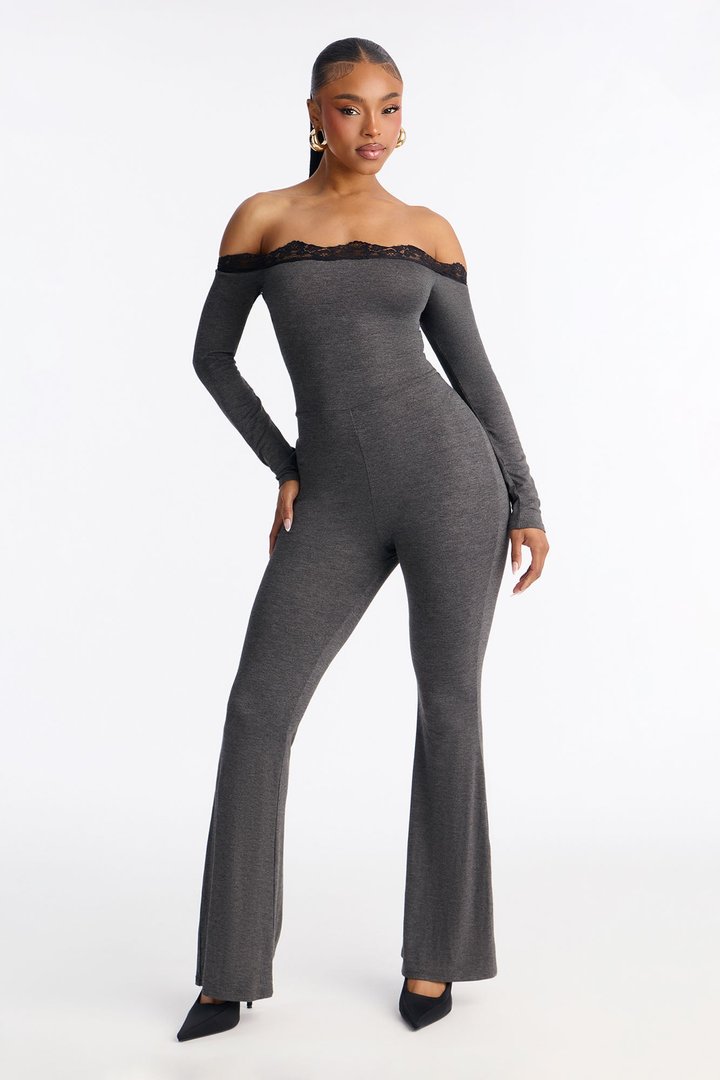 Kim Lace Trim Flare Leg Jumpsuit - Charcoal
