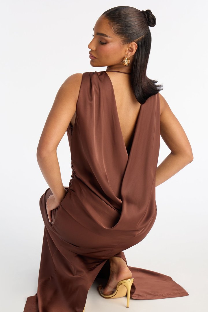 Elsie Draped Satin Maxi Dress - Chocolate