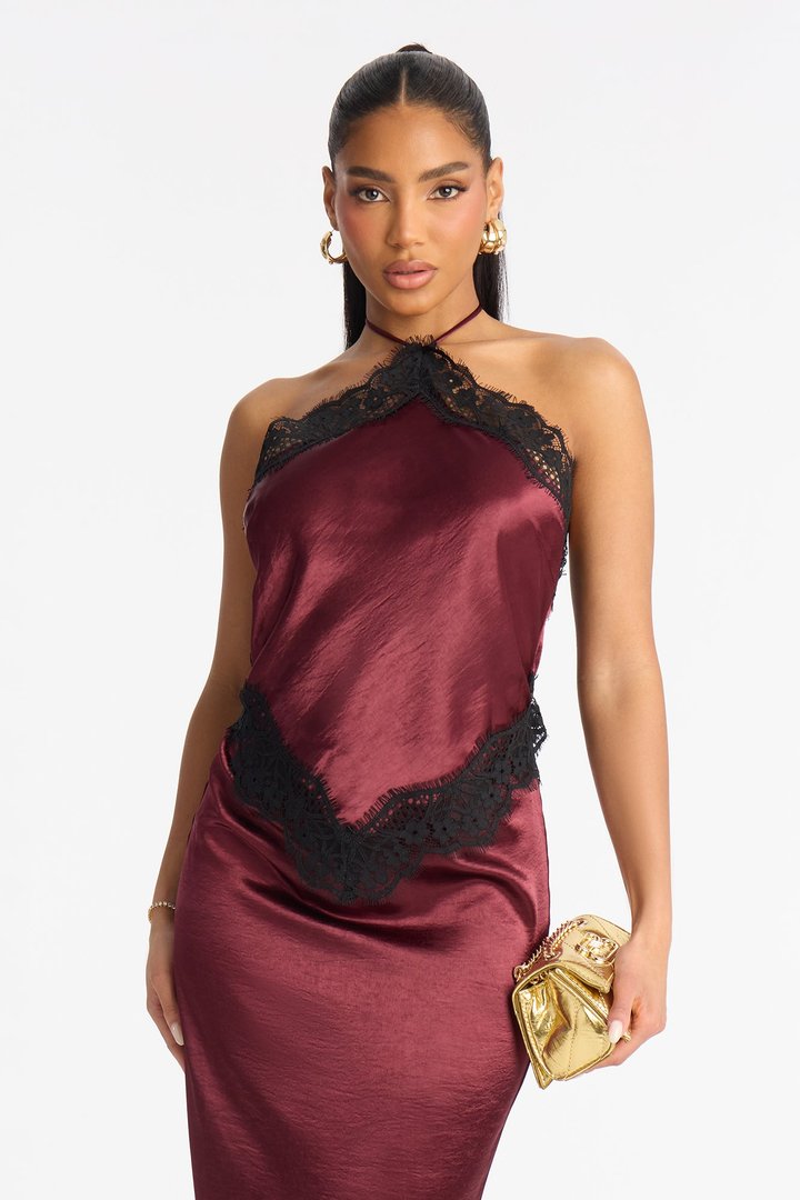 Karina Lace Trim Satin Gown - Wine