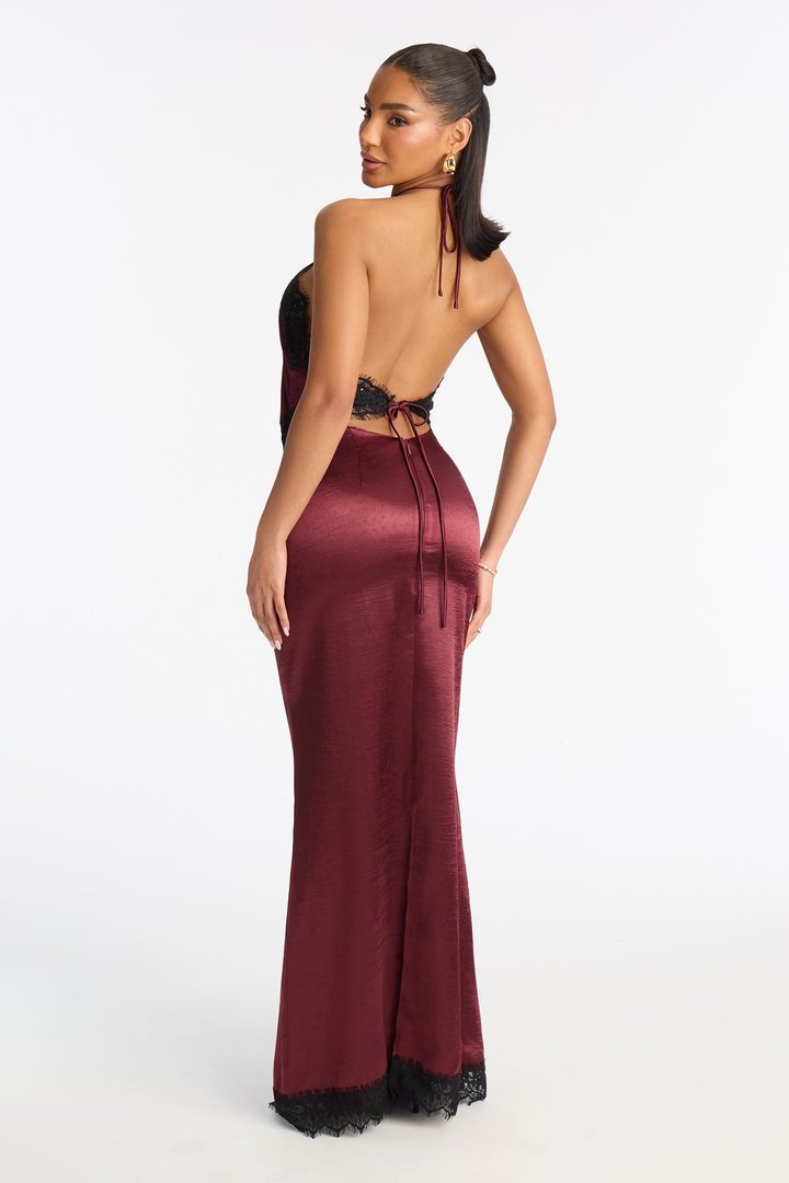 Karina Lace Trim Satin Gown - Wine