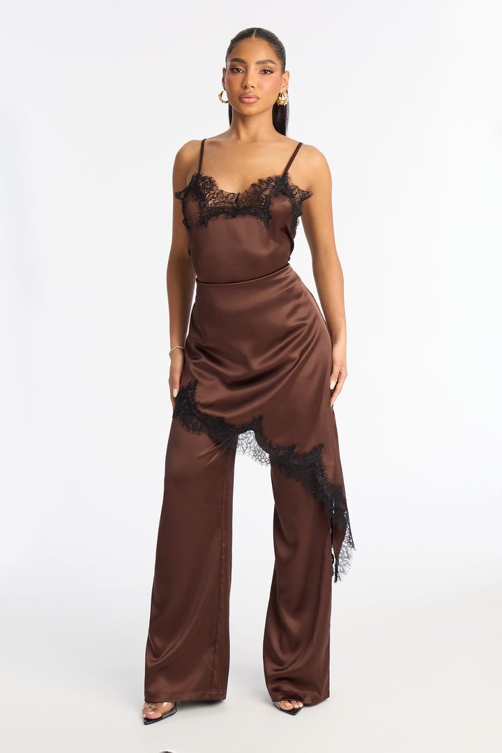 Arya Laced Satin Pant Set - Chocolate