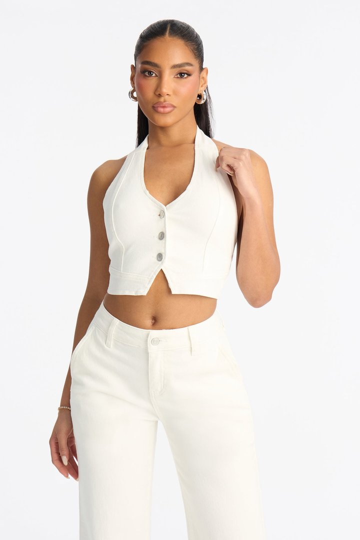 Delusional Denim Halter Top - White