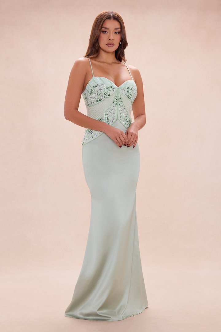Melodie Embellished Satin Maxi Dress - Sage