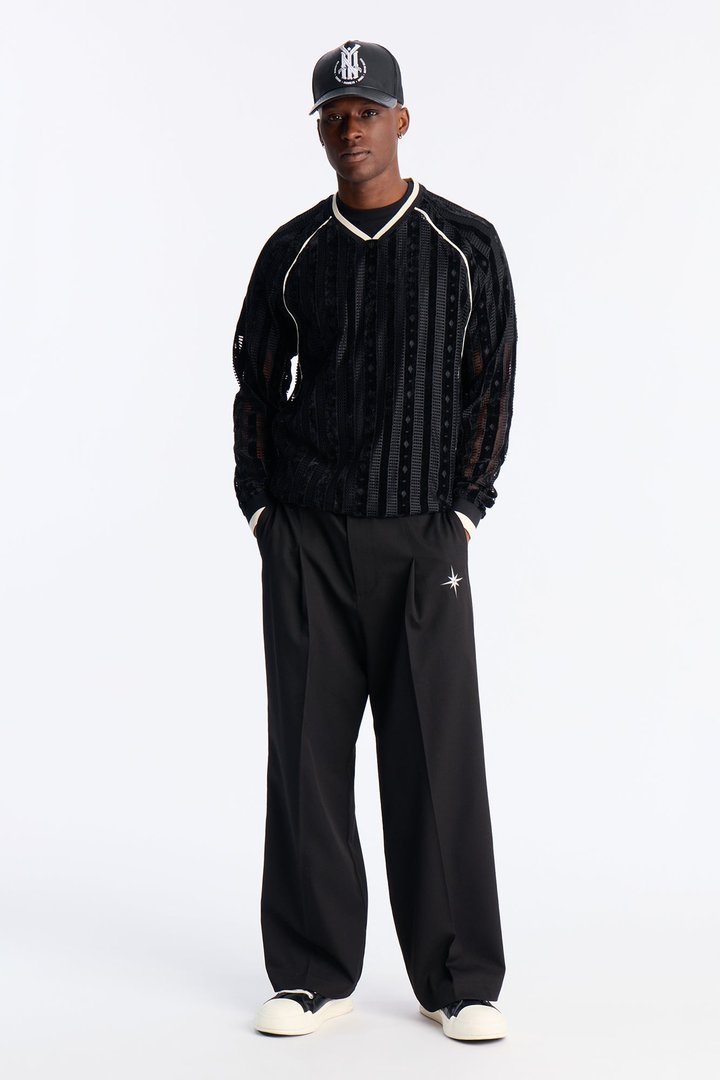 Luxe Grid Paneled V Neck Shirt - Black